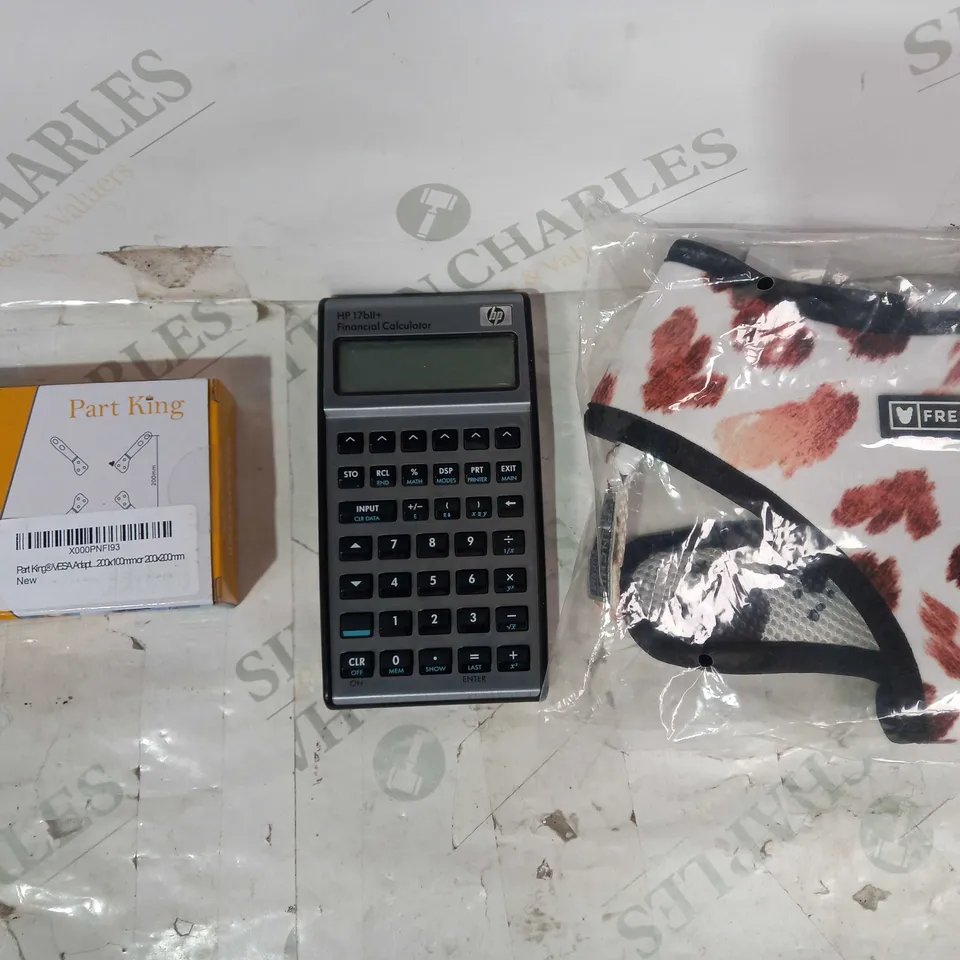 LOT OF APPROXIMATELY 10 ASSORTED HOUSEHOLD ITEMS TO INCLUDE FRENCHIE DUO REVERSIBLE HARNESS SIZE XL, HP FINANCIAL CALCULATOR, PART KING VESA ADAPTOR, ETC