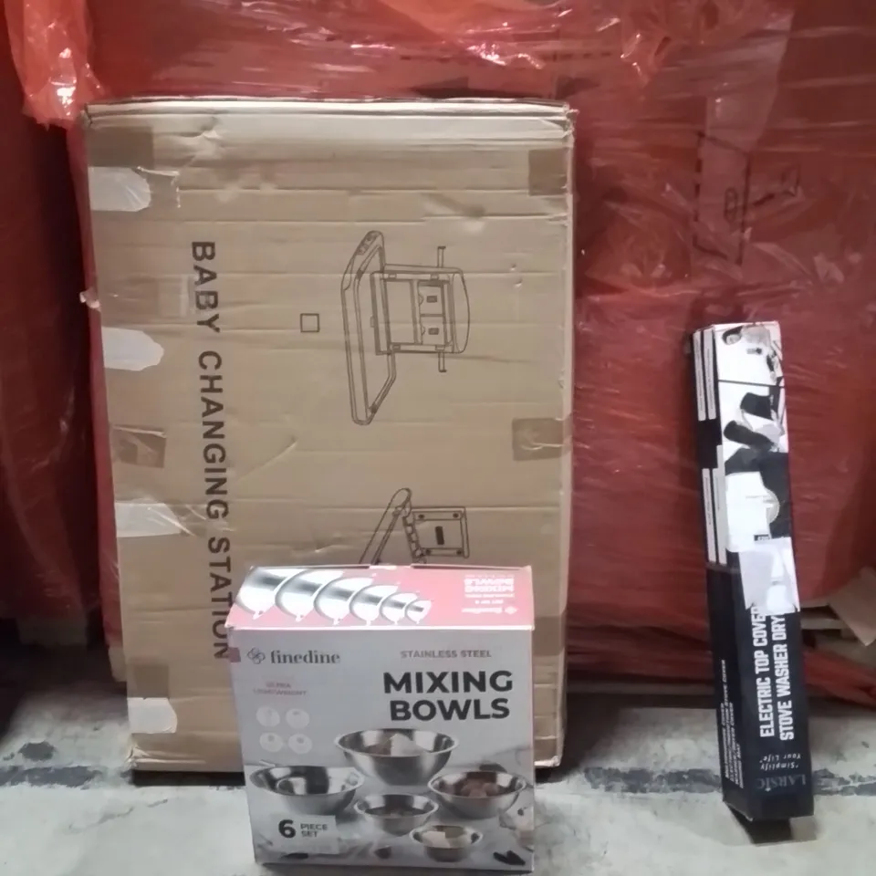 PALLET OF ASSORTED HOUSEHOLD GOODS AND PRODUCTS TO INCLUDE;MIXING BOWLS,ELECTRIC TOP COVER FOR STOVES,BABY CHANGING STATION