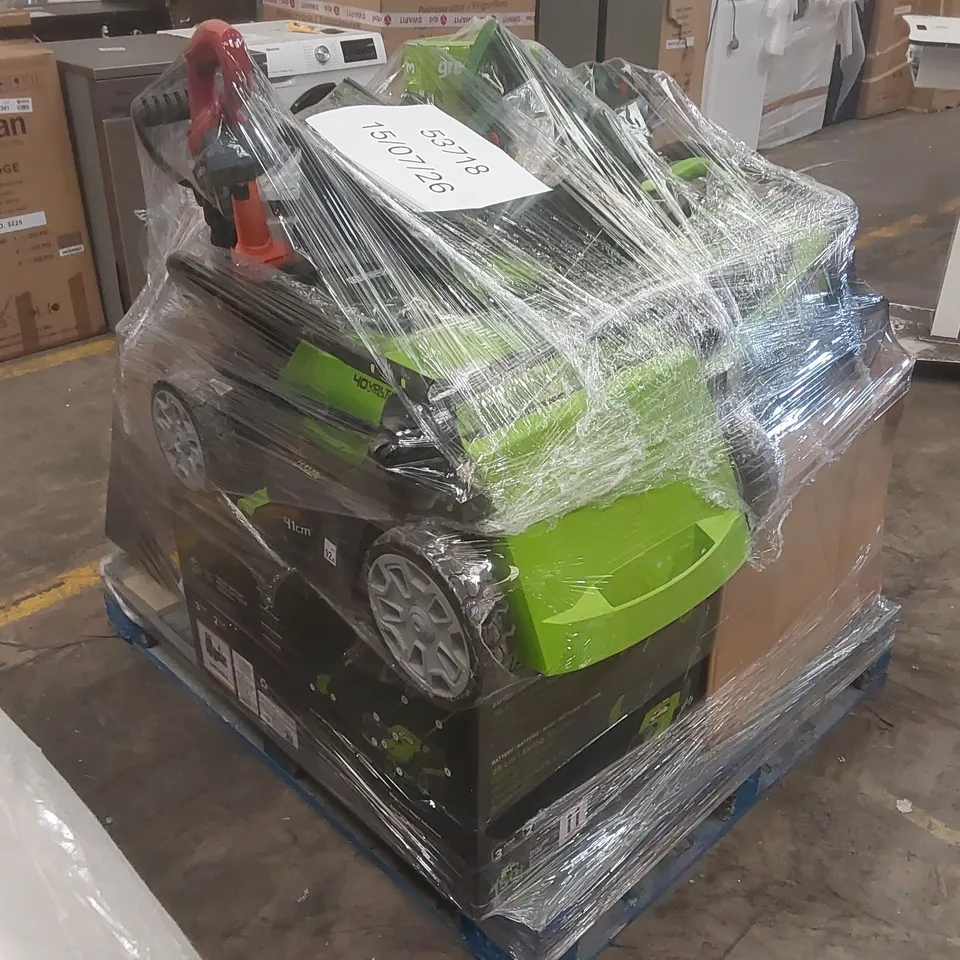 PALLET CONTAINING A VERY LARGE QUANTITY OF ASSORTED ITEMS INCLUDING: LED LIGHTS, HEDGE TRIMMER, LAWN MOWER, 1400W ELECTRIC PRESSURE WASHER, OTHER ASSORTED ELECTRIC GARDEN TOOLS ECT