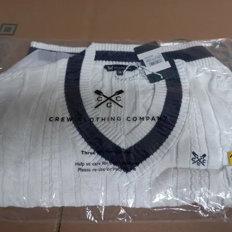 CREWEL CLOTHING COMPANY CABLE KNIT CRICKET JUMPER – UK 14 – WHITE WITH NAVY TRIM