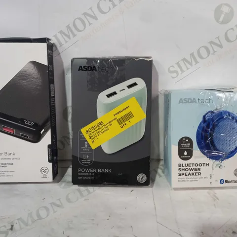 BOX OF APPROXIMATELY 20 ASSORTED ELECTRICAL ITEMS TO INCLUDE ASDA TECH BLUETOOTH SHOWER SPEAKER, ASDA TECH POWER BANK, MIXX C10 3-PORT POWER BANK, ETC