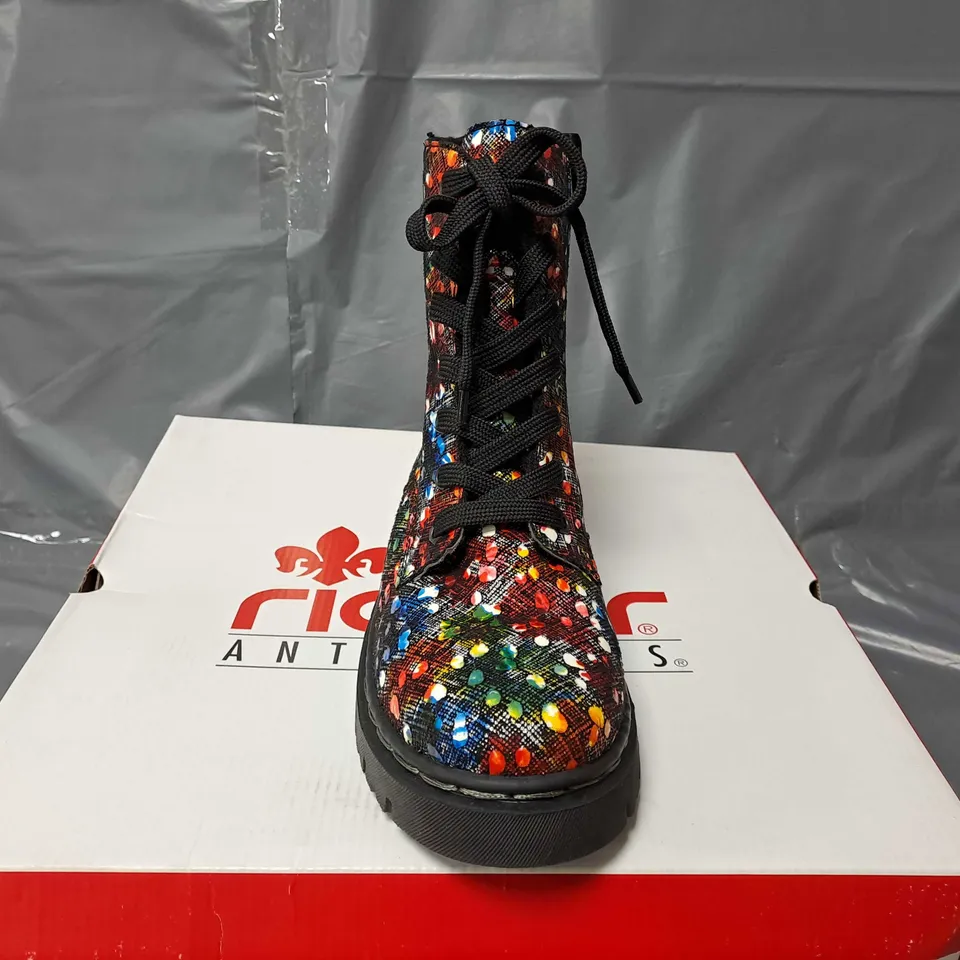BOXED PAIR OF RIEKER BOOTS IN MULTI COLOURED - SIZE 7 1/2