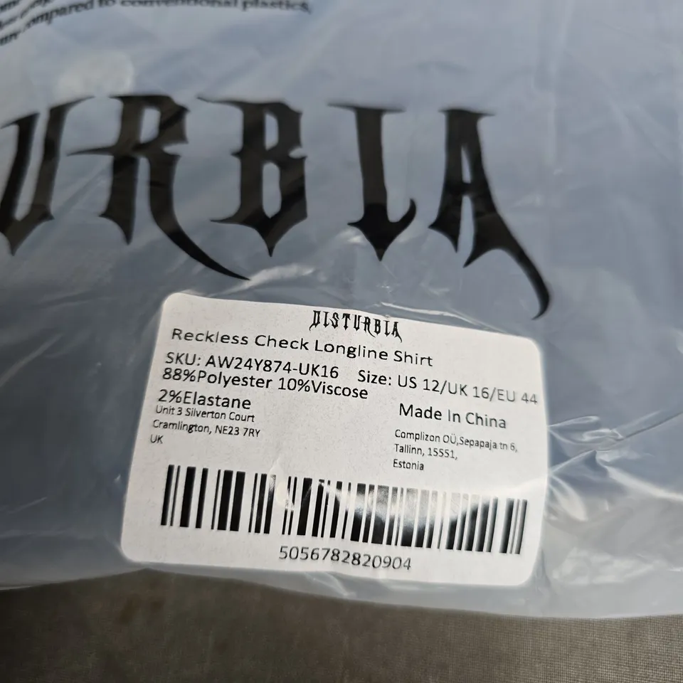 DISTURBIA RECKLESS CHECK LONGLINE SHIRT – WOMEN'S UK 16 (US 12 / EU 44)