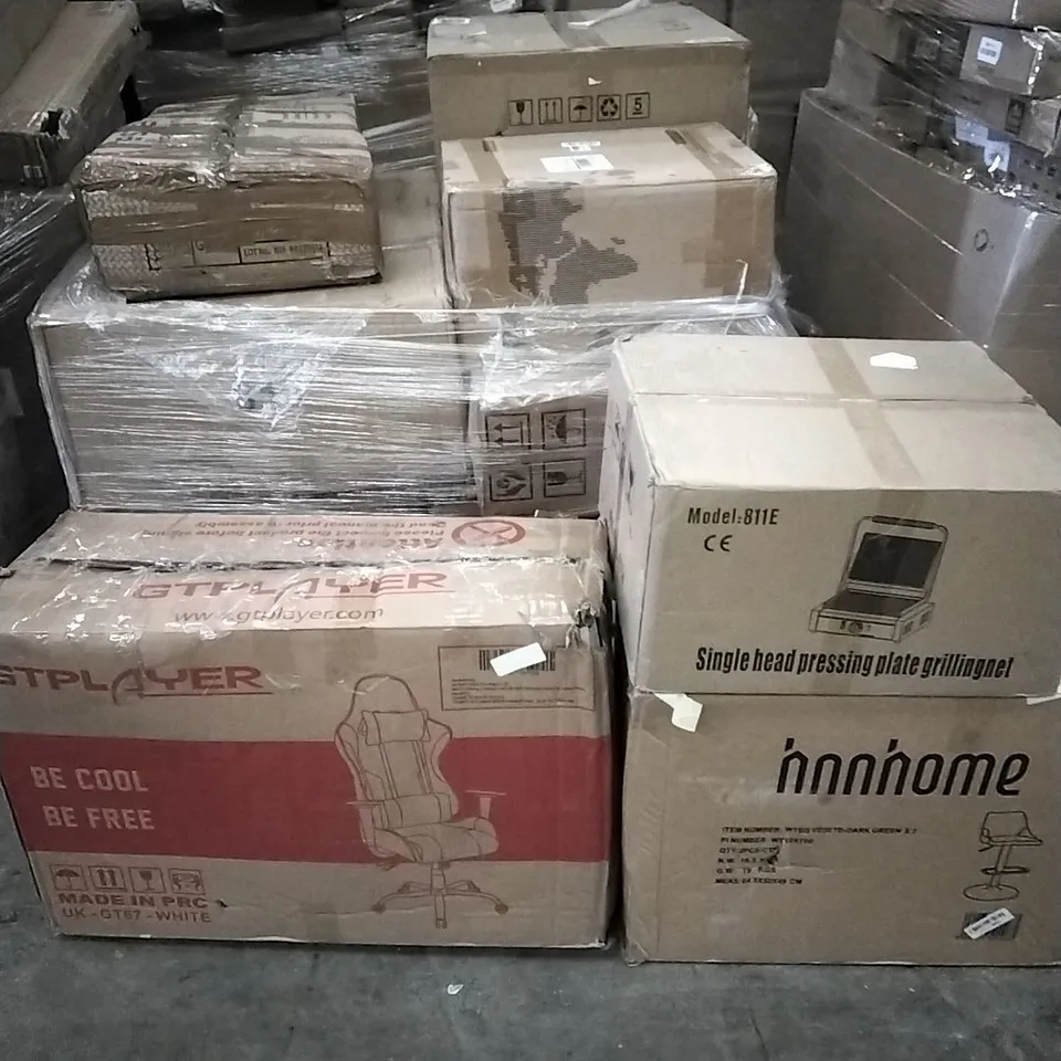 PALLET OF ASSORTED ITEMS INCLUDING GT PLAYER GAMING CHAIR, SINGLE HEAD PRESSING PLATE GRILLINGNET