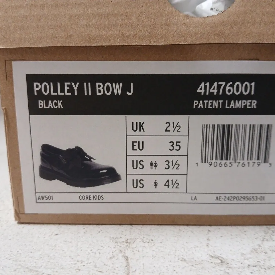 BOXED PAIR OF DR. MARTENS POLLEY II BOW J BLACK PATENT LEATHER SHOES - 2.5