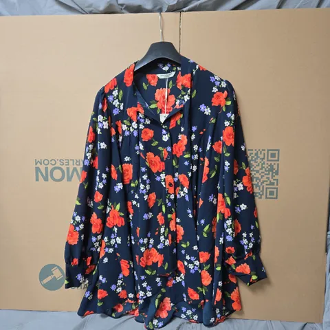UK 12 MARINA KANEVA LONDON FLORAL PRINT BLOUSE – NAVY WITH RED & PURPLE FLOWERS