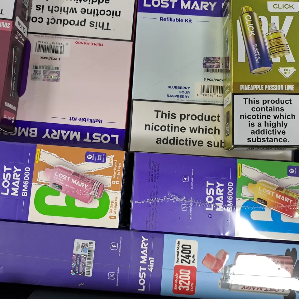 APPROXIMATELY 12 ASSORTED E-CIGARETTE AND VAPE ITEMS TO INCLUDE LOST MARY, ELFBAR, PYNE POD, ETC