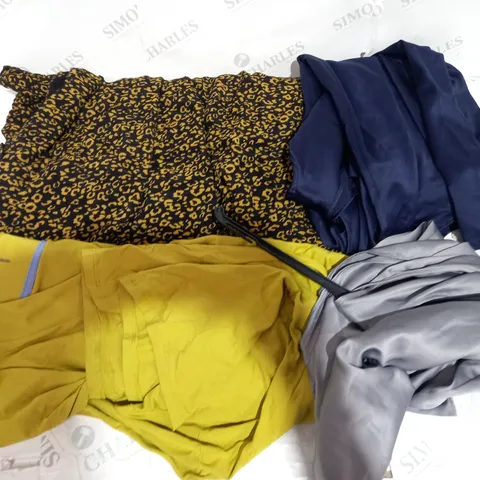 BOX OF ASSORTED CLOTHING ITEMS TOO INCLUDE TOPS DRESSES AND TROUSERS