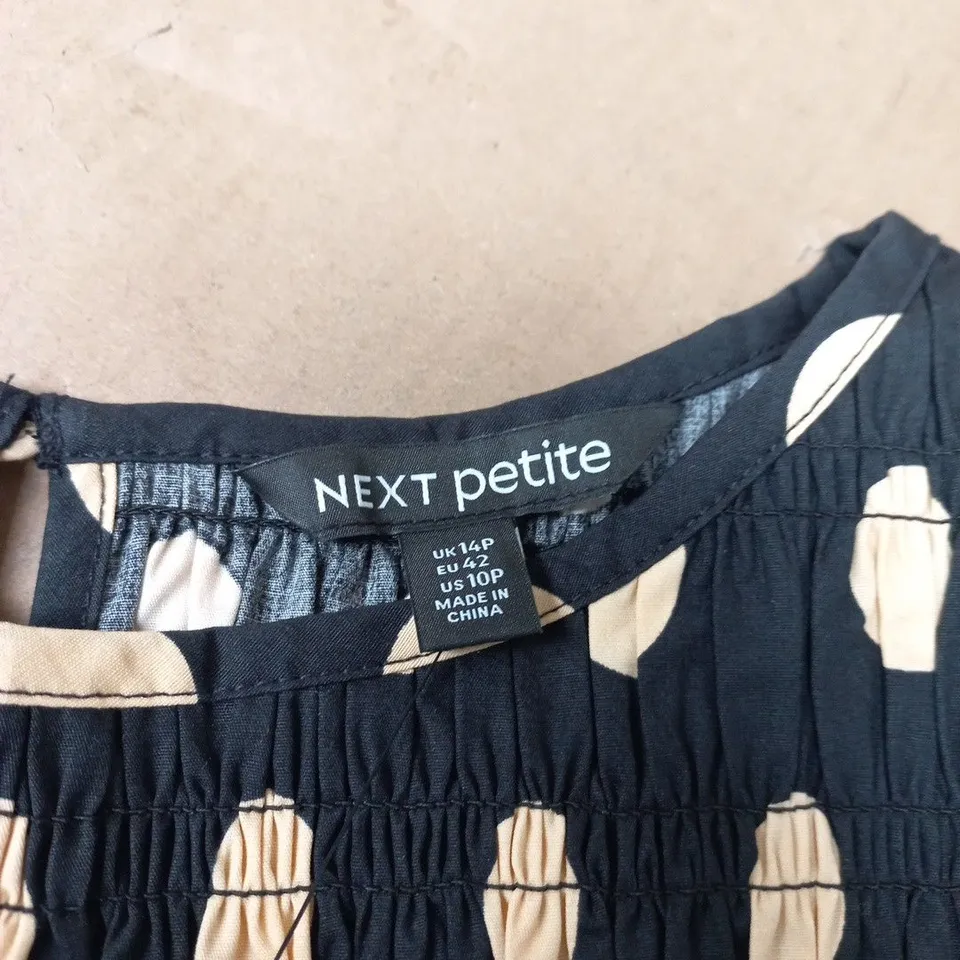 NEXT PETITE SLEEVELESS TOP – NAVY WITH BEIGE CIRCLE PRINT, UK 14P