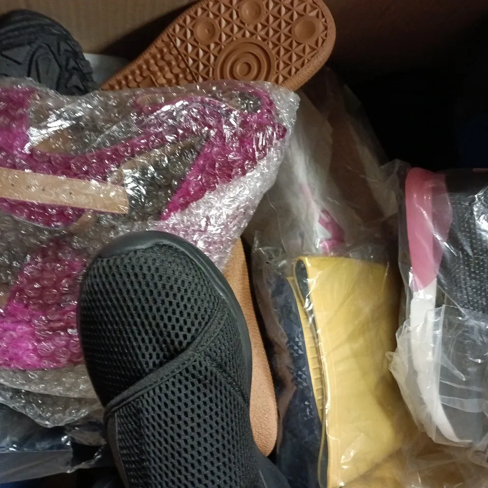 BOX OF APPROXIMATELY 15 ASSORTED PAIRS OF SHOES AND FOOTWEAR ITEMS IN VARIOUS COLOURS, STYLES, AND SIZES - COLLECTION ONLY