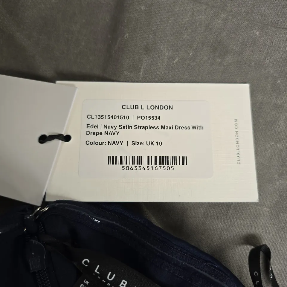 CLUB LONDON EDEL NAVY SATIN MAXI DRESS WITH DRAPED BODICE – UK 10