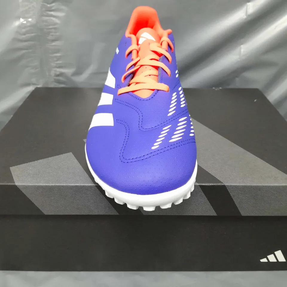 BOXED PAIR OF ADIDAS PREDATOR CLUB TF SHOES IN BLUE/WHITE/RED UK SIZE 10.5