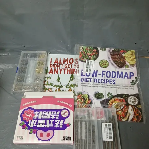 BOX OF ASSORTED HOUSEHOLD ITEMS TO INCLUDE DIET RECIPES, DRILL BITS AND CARDS