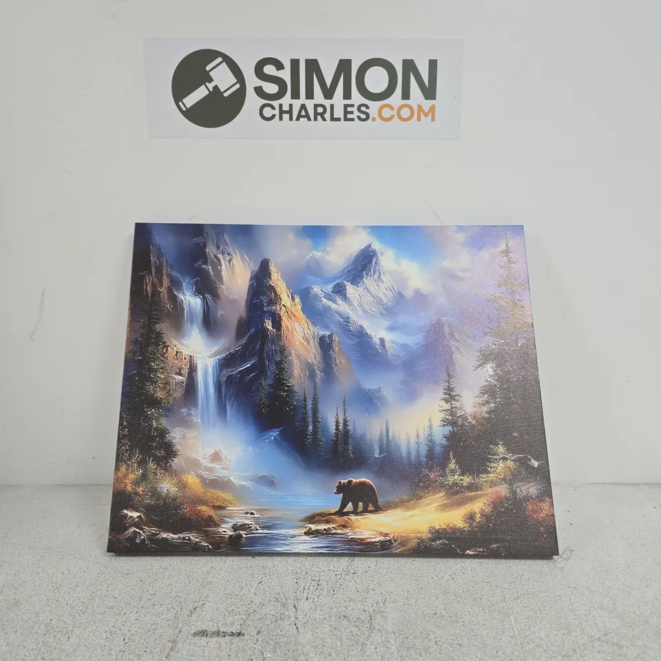LANDSCAPE CANVAS PRINT WITH MOUNTAINS, WATERFALL AND BEAR