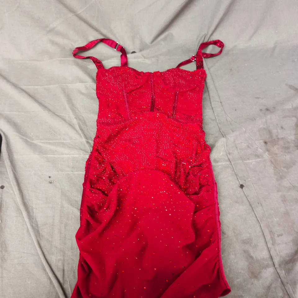 OH POLLY - RED SEQUIN EVENING DRESS WITH RUCHED BODICE AND SPAGHETTI STRAPS - UK 8