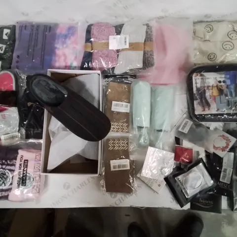 BOX CONTAINING LARGE AMOUNT OF MIXED FASHION ITEMS, SILVER PLATE AND COSTUME JEWELLERY, CLOTHING ITEMS ETC.