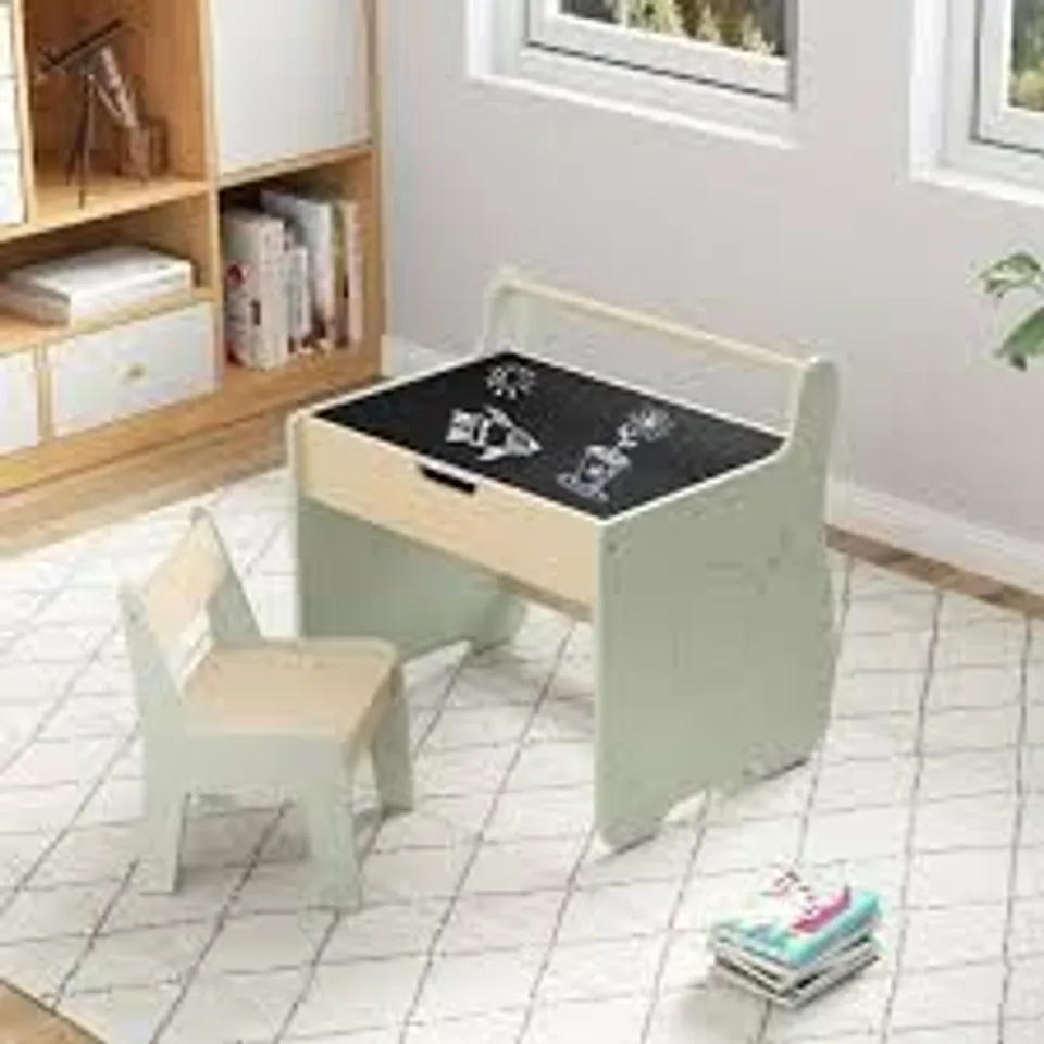 BOXED COSTWAY WOODEN KIDS ACTIVITY TABLE AND CHAIR SET WITH 2-IN-1 DETACHABLE TABLE TOP - GREEN