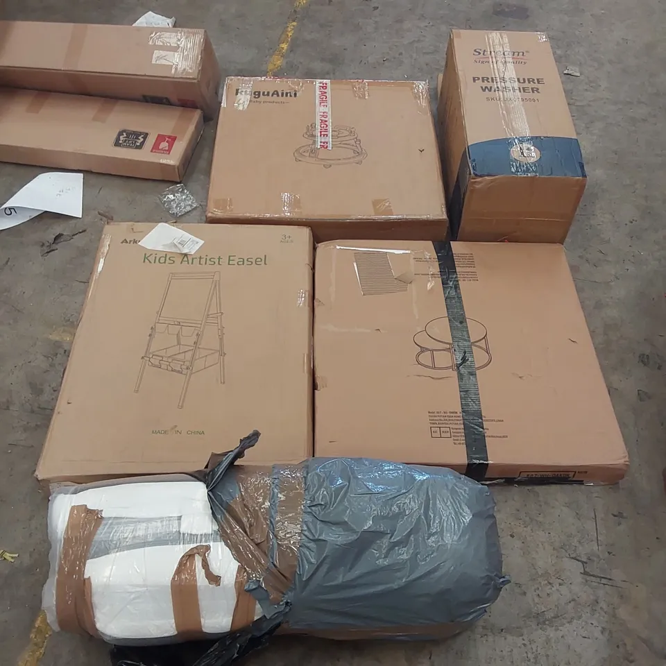 PALLET OF ASSORTED ITEMS INCLUDING: PRESSURE WASHER, KIDS ARTIST EASEL, NESTING COFFEE TABLE, MATTRESS, BABY WALKER ECT