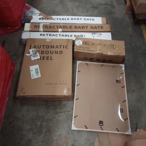 PALLET OF ASSORTED ITEMS INCLUDING: RETRACTABLE BABY GATES, AUTOMATIC REBOUND WHEEL, CORDLESS LEAF BLOWER, PICTURE FRAMES ECT