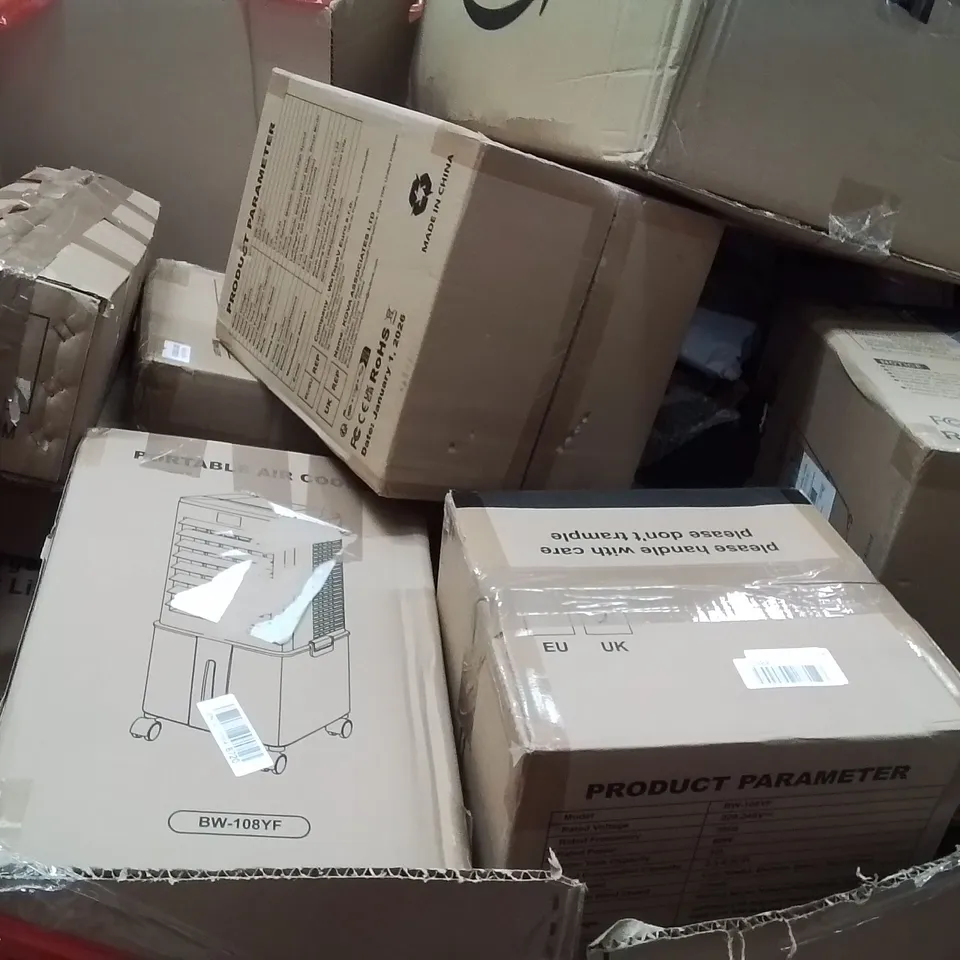 PALLET OF ASSORTED HOUSEHOLD GOODS AND PRODUCTS TO INCLUDE;AIR COOLER,GARDEN CHAIR,CAT LITTER BOX