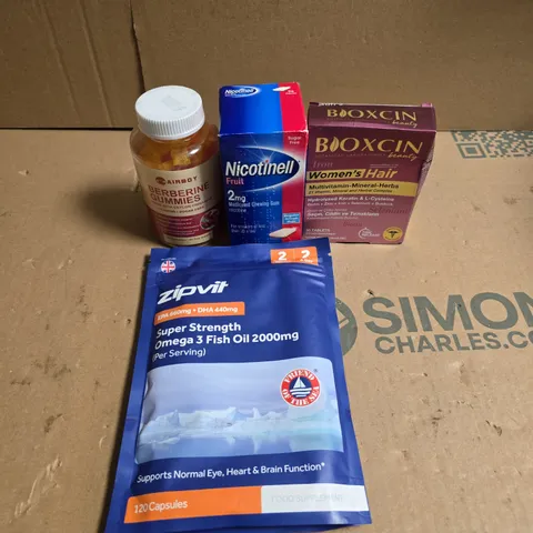 APPROXIMATELY 15 ASSORTED VITAMIN/HEALTH AID PRODUCTS TO INCLUDE NICOTINELL CHEWING GUM, ZIPVIT SUPER STRENGTH OMEGA 3 FISH OIL CAPSULES AND BIOXCIN WOMEN'S HAIR SUPPLEMENT