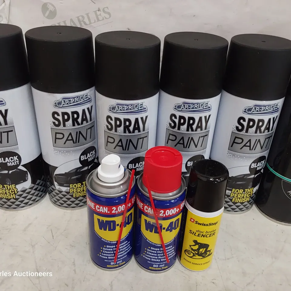 TOTE OF ASSORTED AEROSOLS INCLUDING CAR-PRIDE BLACK MATT PAINT, SIMONIZE SATIN BLACK PAINT, WD40, DISK BRAKE SILENCER.
