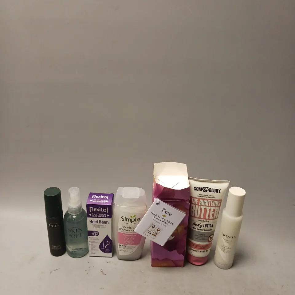 BOX OF APPROXIMATELY 15 COSMETIC ITEMS TO INCLUDE TROPIC MORNING MIST, SIMPLE SHOWER CREAM, AND SOAP & GLORY BODY LOTION ETC.