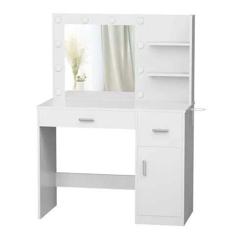 BOXED HOMALL MAKEUP VANITY TABLE WITH LIGHTS, MIRROR, STORAGE CABINET, AND POWER OUTLET FOR BEDROOM AND DRESSING ROOM