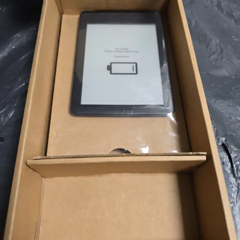 AMAZON TABLET IN BOX – BLACK, BOXED; SCREEN SHOWS LOW BATTERY 