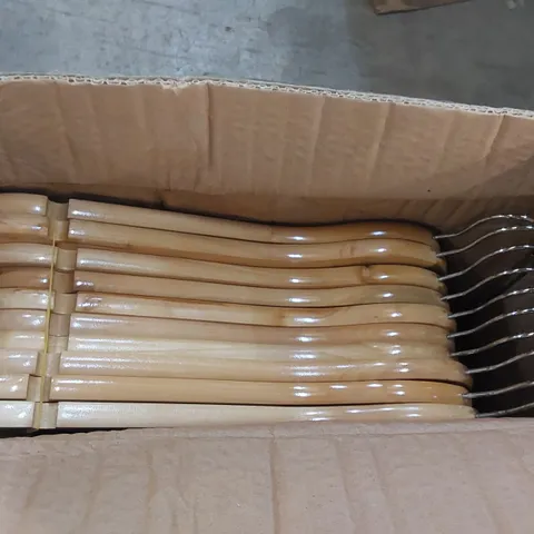 BOX CONTAINING APPROXIMATELY 20x WOODEN KEPLIN CLOTHES HANGERS