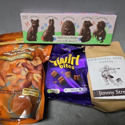APPROXIMATELY 9 ASSORTED FOOD ITEMS TO INCLUDE - TWIRL BITES , NORTHEN EDGE COFFEE JIMMY STRENGHT , FURRY FIELD FRIENDS ETC