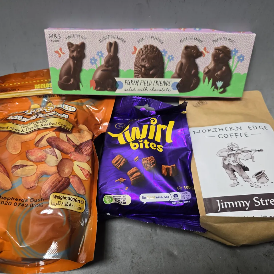 APPROXIMATELY 9 ASSORTED FOOD ITEMS TO INCLUDE - TWIRL BITES , NORTHEN EDGE COFFEE JIMMY STRENGHT , FURRY FIELD FRIENDS ETC