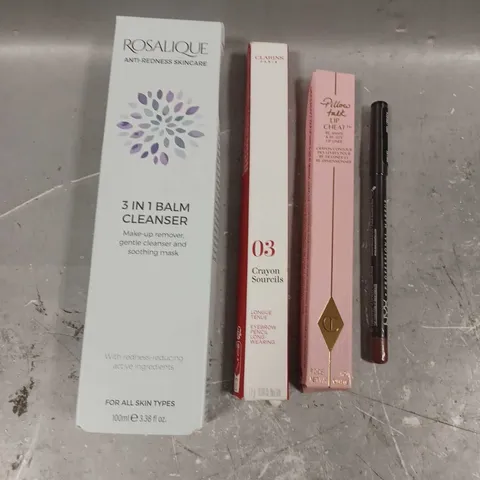 LOT OF 4 ASSORTED COSMETIC ITEMS TO INCLUDE - CLAIRINS 03 EYEBROW PENCIL - CHARLOTTE TILBURY PILLOW TALK LIP CHEAT LINER - ROSALIQUE 3 IN 1 BALM CLEANSER - ETC