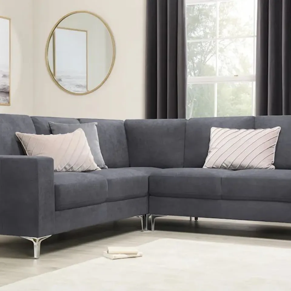 BOXED BALTIMORE CORNER SOFA, SLATE GREY CLASSIC PLUSH FABRIC // MISSING CUSHIONS (3 BOXES)