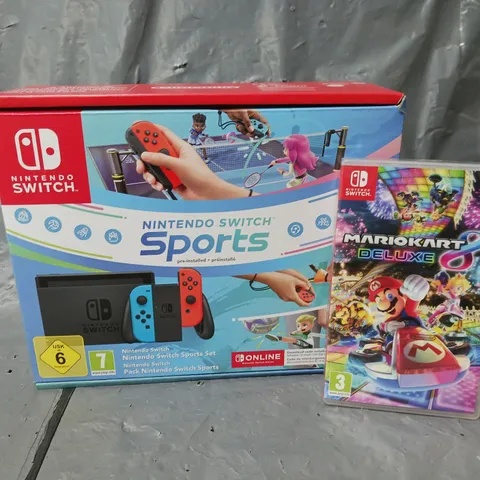 BOXED AND SEALED NINTENDO SWITCH SPORTS SET WITH MARIO KART 8 DELUXE (NEON RED/NEON BLUE)