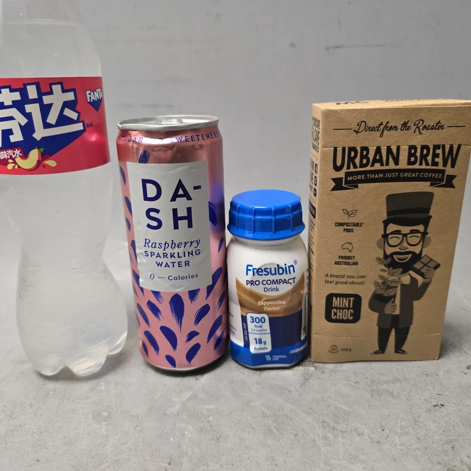 APPROXIMATELY 8 ASSORTED DRINK ITEMS TO INCLUDE - DA-SH SPARKALING WATER , FANTA , URBAN BREW MINT CHOC ETC