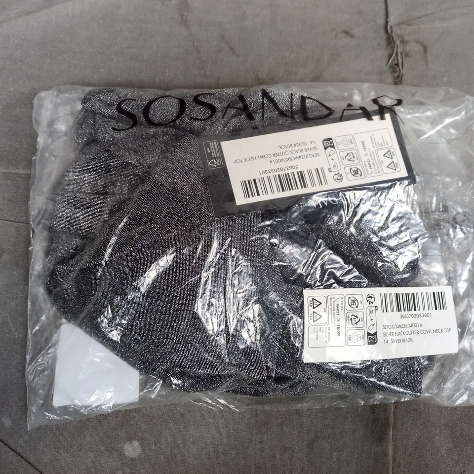 BAGGED SOSANDER SILVER BLACK GLITTER COWL NECK TOP - SIZE 14