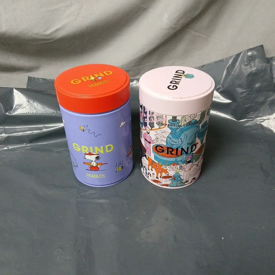 2 X GRIND COFFEE TINS: PEANUTS SNOOPY + SHOREDITCH LONDON. UNBOXED