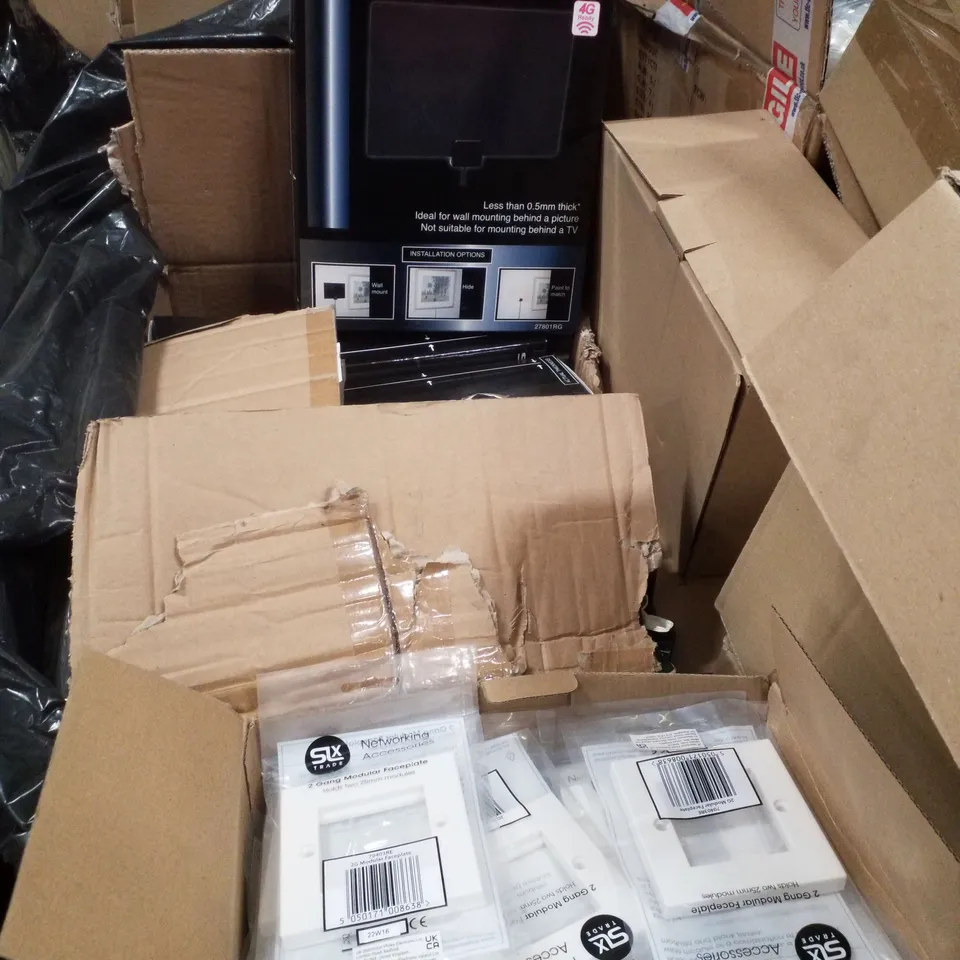 PALLET CONTAINING ASSORTED PRODUCTS INCLUDING ULTRA THIN AMPLIFIED INDOOR AERIALS, 2 GANG MODULAR FACEPLATES & BT PAX SECONDARY TELEPHONE MODULES