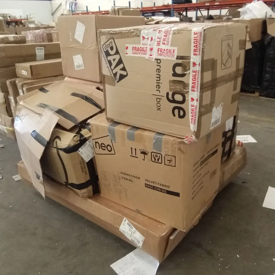 PALLET OF ASSORTED HOUSEHOLD GOODS AND PRODUCTS TO INCLUDE; DINING CHAIRS, PORTABLE AIR CONDITIONERS, SUITCASE ETC