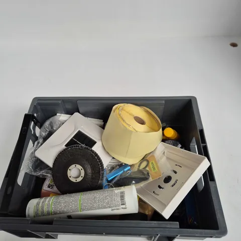 TOTE OF APPROXIMATELY 10 ASSORTED ITEMS INCLUDING A HOZELOCK DOUBLE MALE CONNECTOR, STATIONARY ESSENTIALS STAPLES AND PRO MAST MS HT HIGH TACK MONTAGE ADHESIVE 400G