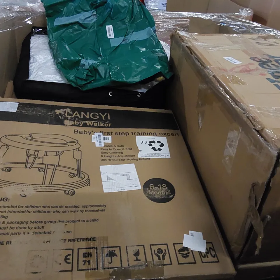 PALLET OF ASSORTED ITEMS INCLUDING: BAR TABLE, RECIPROCATING SAW, PET CARRIER, WALL SHELF, LAPTOP DESK