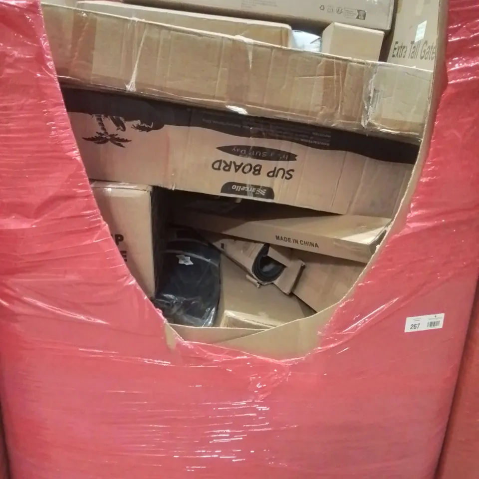 PALLET CONTAINING VARIOUS ASSORTED BOXED HOUSEHOLD ITEMS TO INCLUDE: SUP BOARD, SLIDING EXERCISE MACHINE, EXTRA TALL GATE, DRYWALL SANDER AND LOTS MORE UNMARKED BOXED ITEMS 