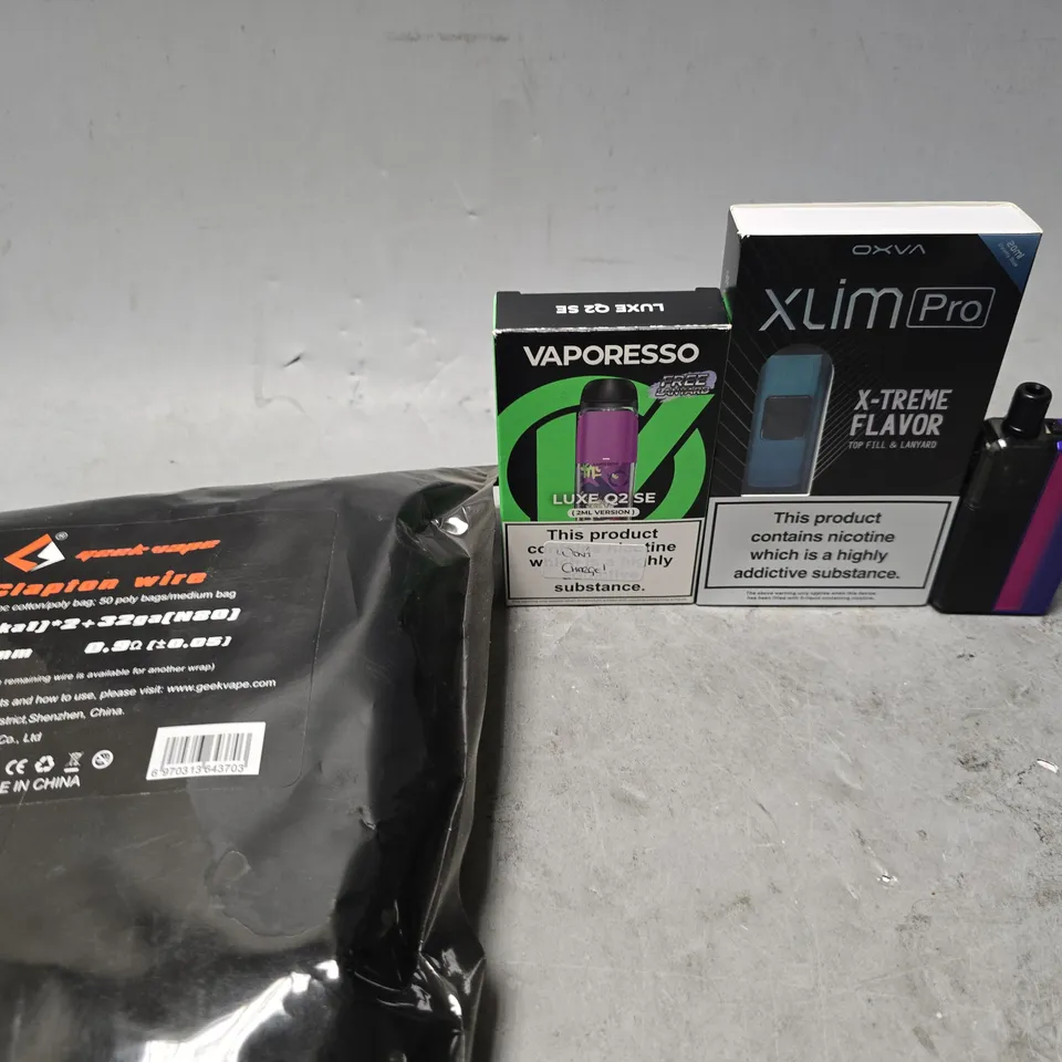 BOX OF APPROXIMATELY 15 ASSORTED E-CIGARETTES PRODUCTS TO INCLUDE - OXVA , VAPORESSO , GEEK VAPE CLAPTON WIRE ETC