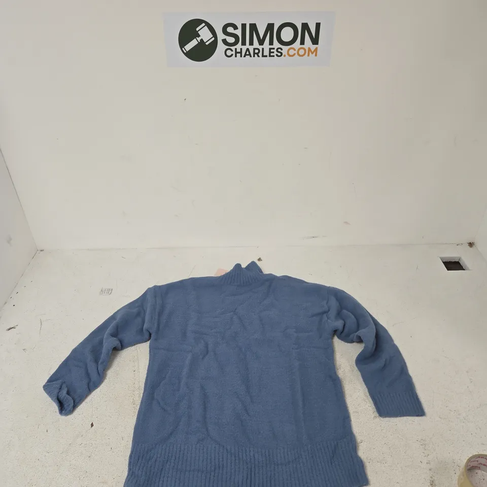 BOX OF APPROXIMATELY 25 ASSORTED CLOTHING ITEMS TO INCLUDE: LA MAREY BLUE KNIT TURTLENECK JUMPER