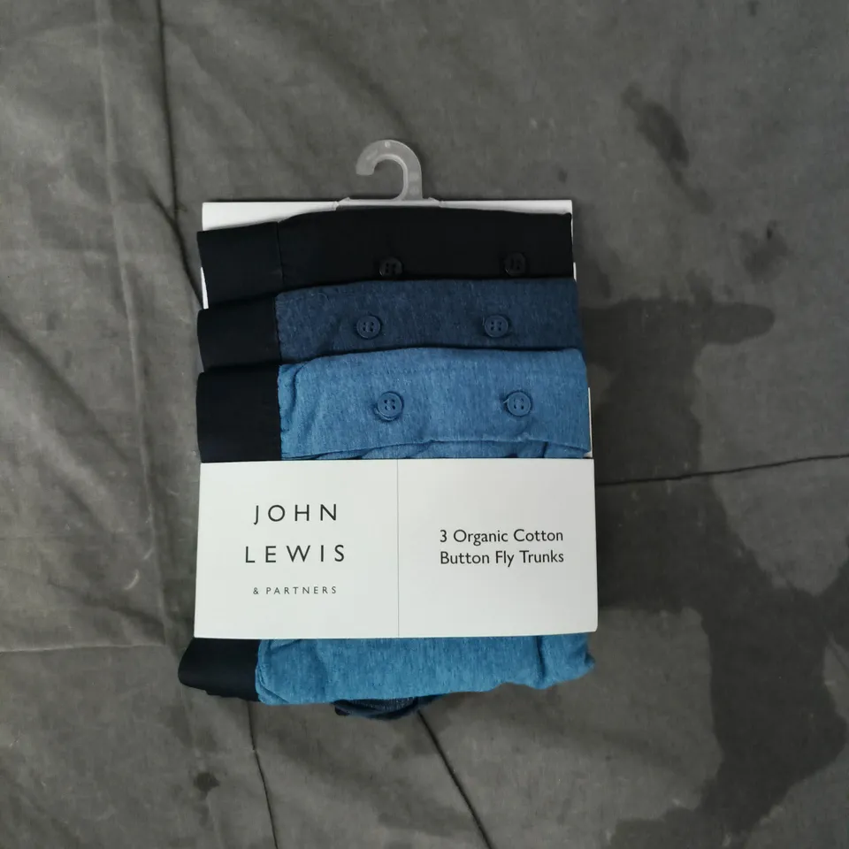 JOHN LEWIS PACK OF 3 ORGANIC COTTON BUTTON FLY TRUNKS IN BLUE MULTI SIZE LARGE