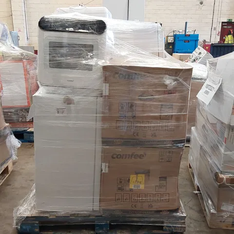 PALLET OF APPROXIMATELY 9 UNPROCESSED RAW RETURN WHITE GOODS TO INCLUDE 2X FRIDGEMASTER FRIDGES WITH LED LIGHTING - WHITE AND 7X COMFEE MINI PLUS TD305-W COMPACT TABLE TOP DISHWASHERS