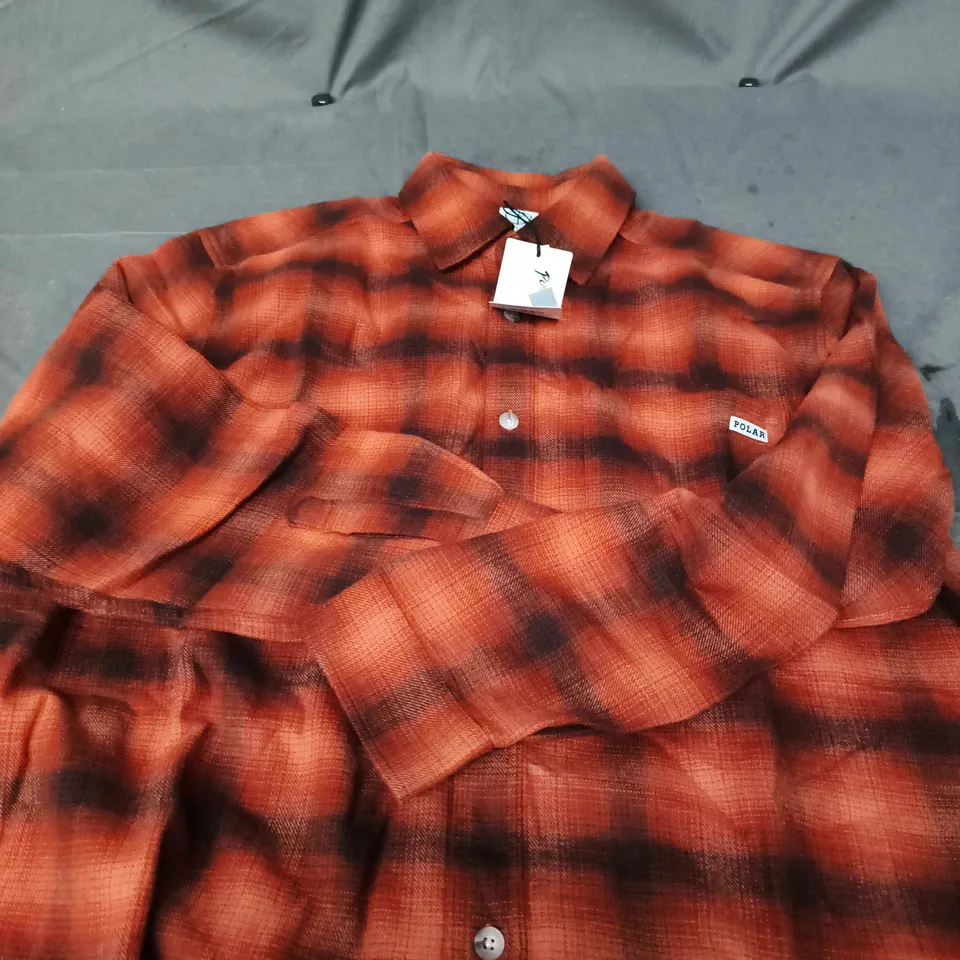 POLAR SKATE CO. PLAID FLANNEL SHIRT – ORANGE/BLACK, SIZE LARGE