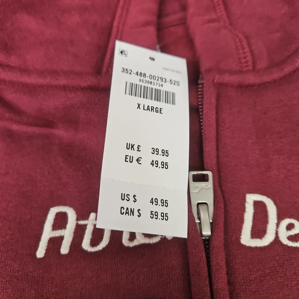 HOLLISTER BURGUNDY ZIP HOODIE WITH NINETY NINE GRAPHIC, X LARGE