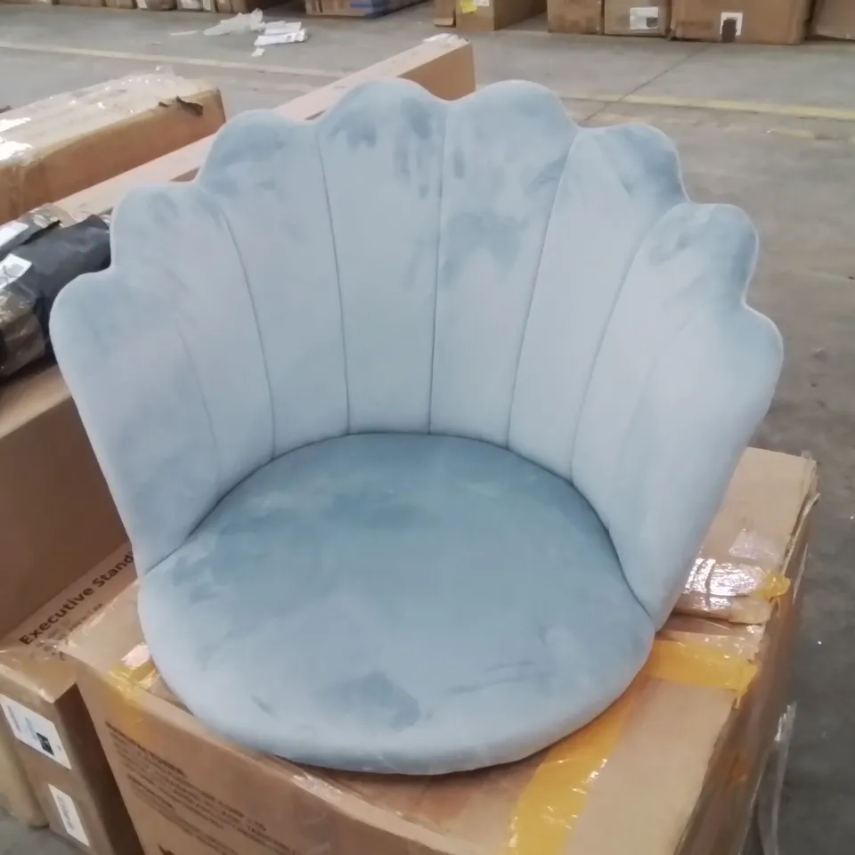 BOXED CRUSHED VELVET UPHOLSTERED LIGHT BLUE SHELL BACK SIDE CHAIR 